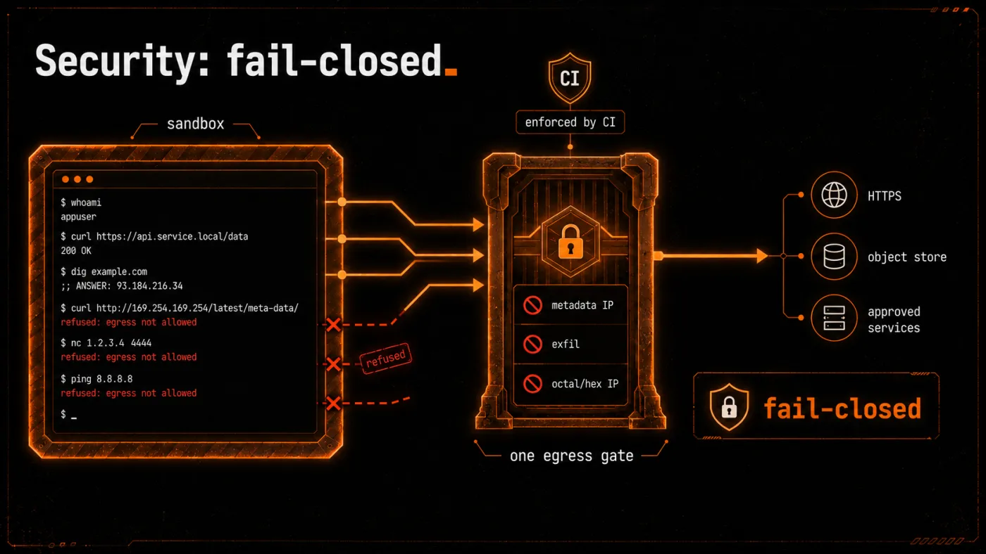 Security: fail-closed - sandbox plus one CI-enforced egress gate