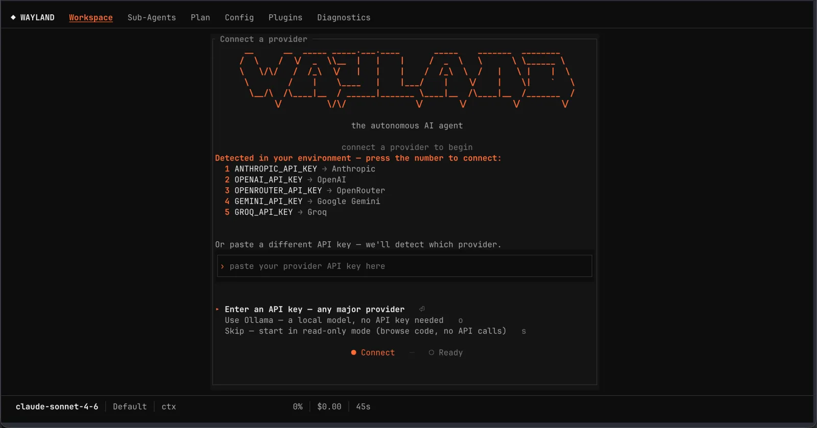 Wayland Core onboarding - connect a provider