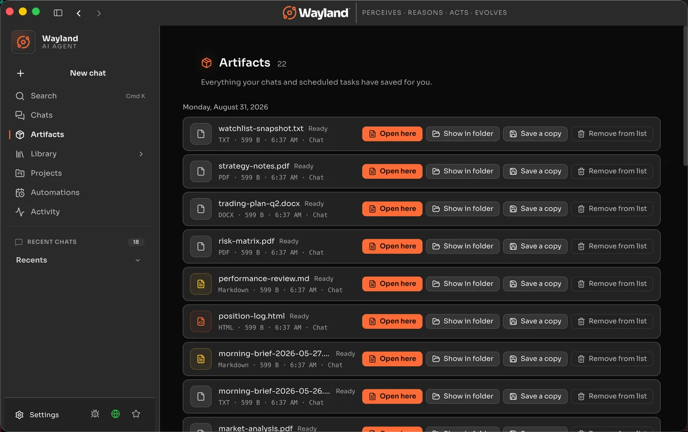 Wayland artifacts - every deliverable your chats and scheduled tasks produced, as real files