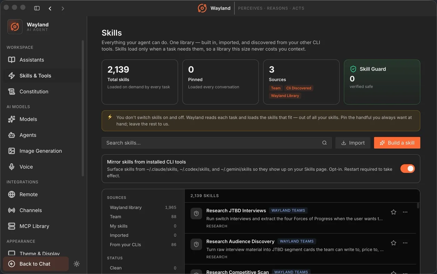 Wayland skills — 2,000+ capabilities auto-loaded on demand