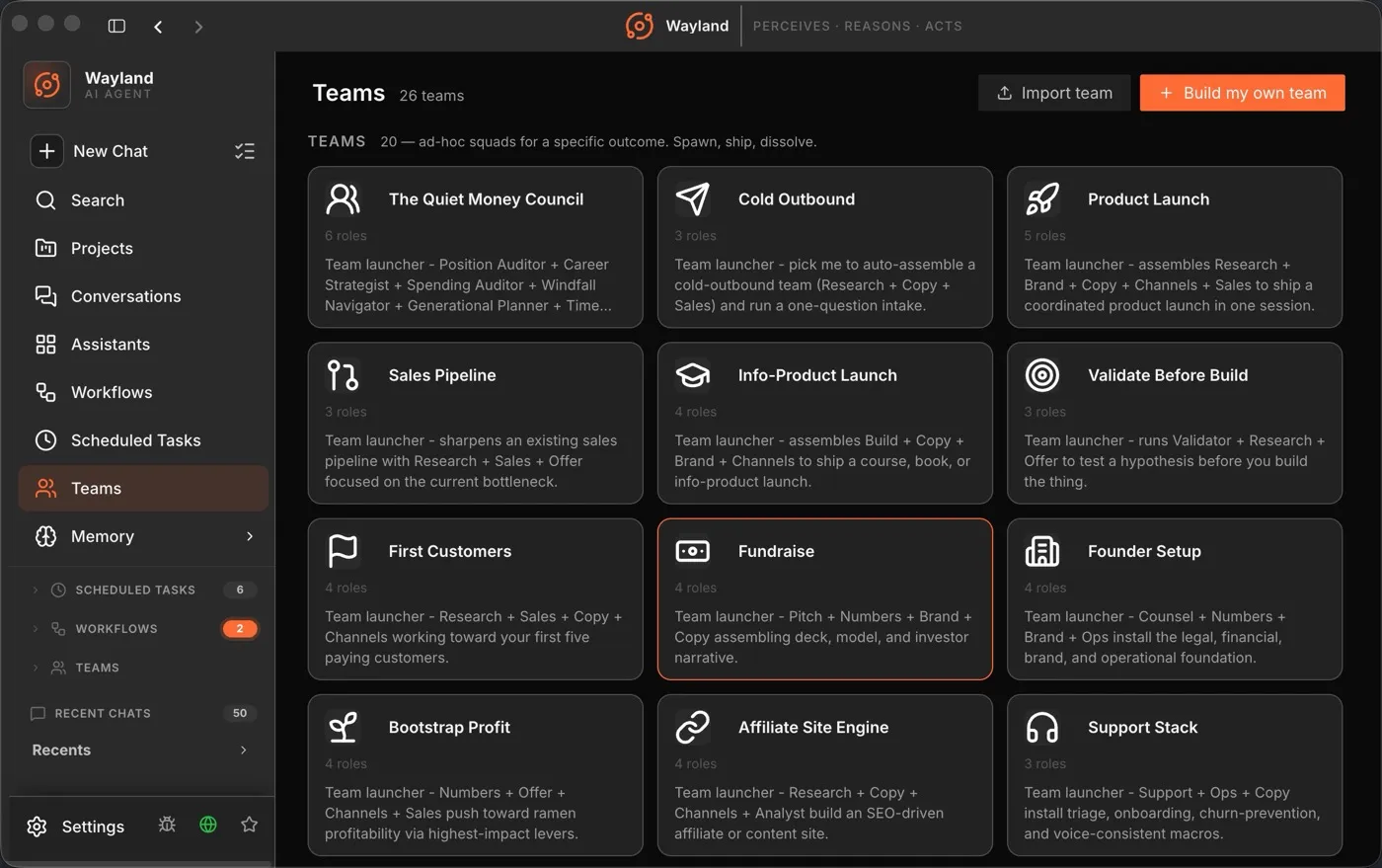 Wayland teams — self-assembling specialists on a shared blackboard